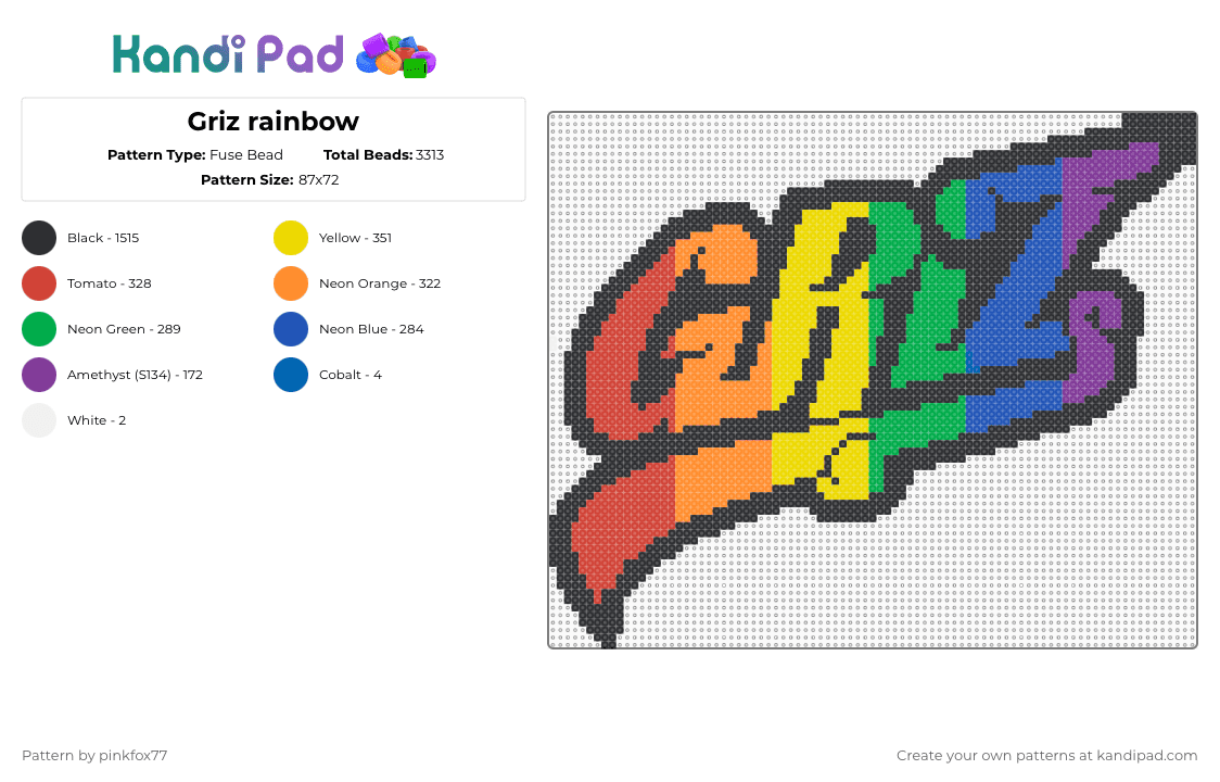 Griz rainbow - Fuse Bead Pattern by pinkfox77 on Kandi Pad - black,green,orange,colorful