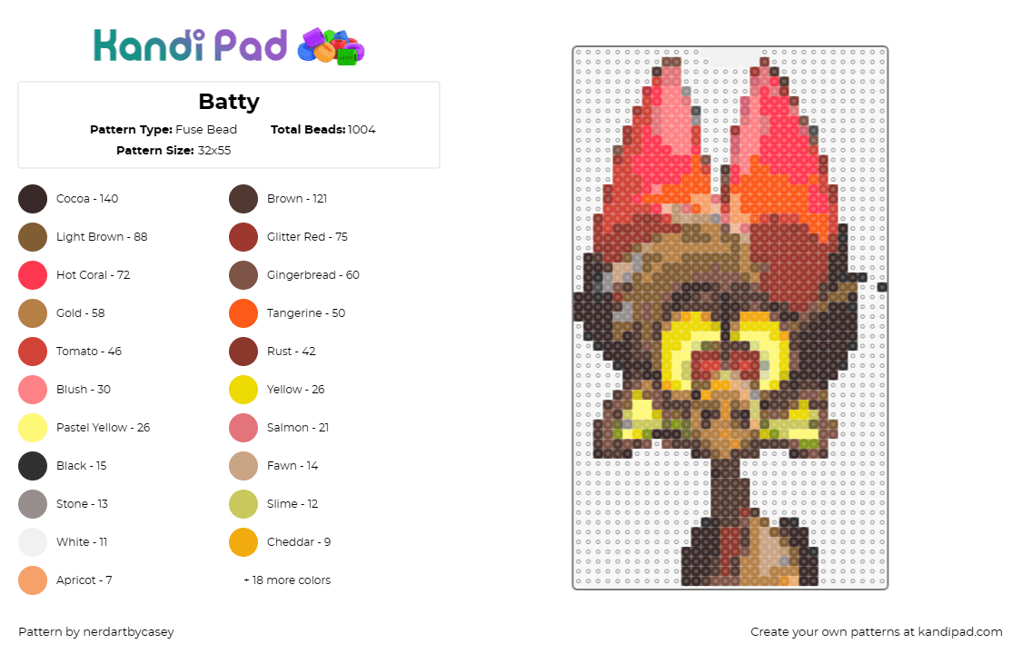 Batty - Fuse Bead Pattern by nerdartbycasey on Kandi Pad - batty koda,ferngully,bat,wings,flying,mammal,night,forest,animated character