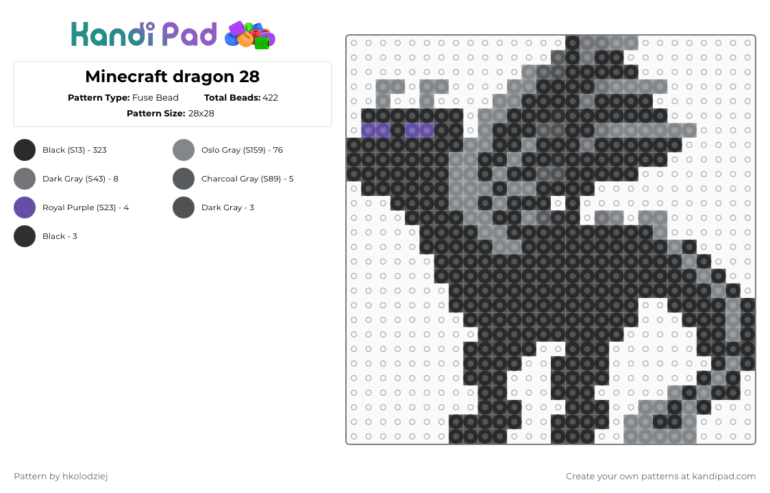 Minecraft dragon 28 - Fuse Bead Pattern by hkolodziej on Kandi Pad - black,gray