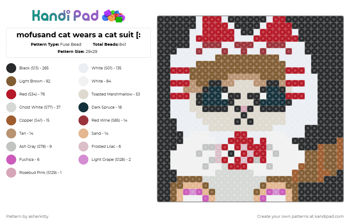 mofusand cat wears a cat suit [: - Fuse Bead Pattern by asherkitty on Kandi Pad - white,red,tan,beige