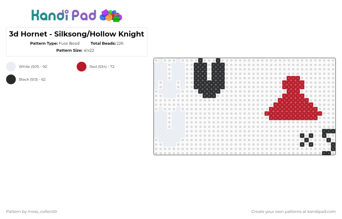 3d Hornet - Silksong/Hollow Knight - Fuse Bead Pattern by deleted_user_908457 on Kandi Pad - white,red,hollow knight,silk song,hornet,3d