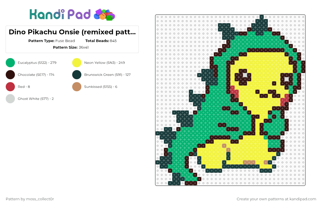 Dino Pikachu Onsie (remixed pattern!!) - Fuse Bead Pattern by deleted_user_908457 on Kandi Pad - brown,green,yellow,dino,pokemon,cute,onsie