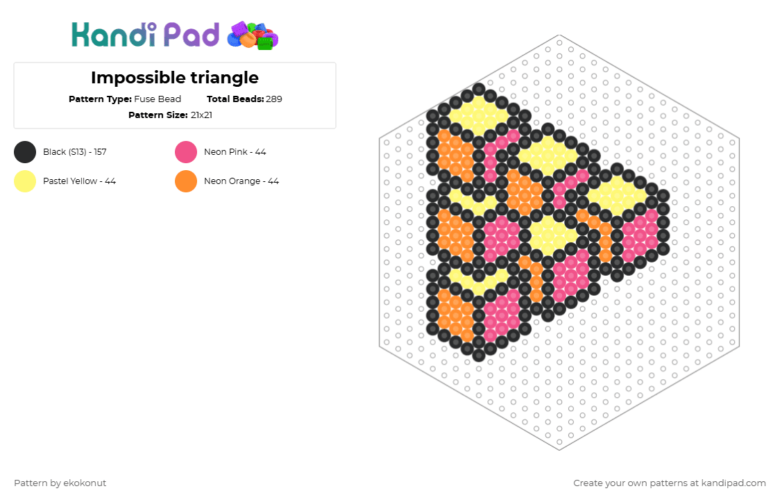 Impossible triangle - Fuse Bead Pattern by ekokonut on Kandi Pad - cubes,3d,geometric,trippy,triangle,shape,illusion,geometry,black,pink,yellow,orange