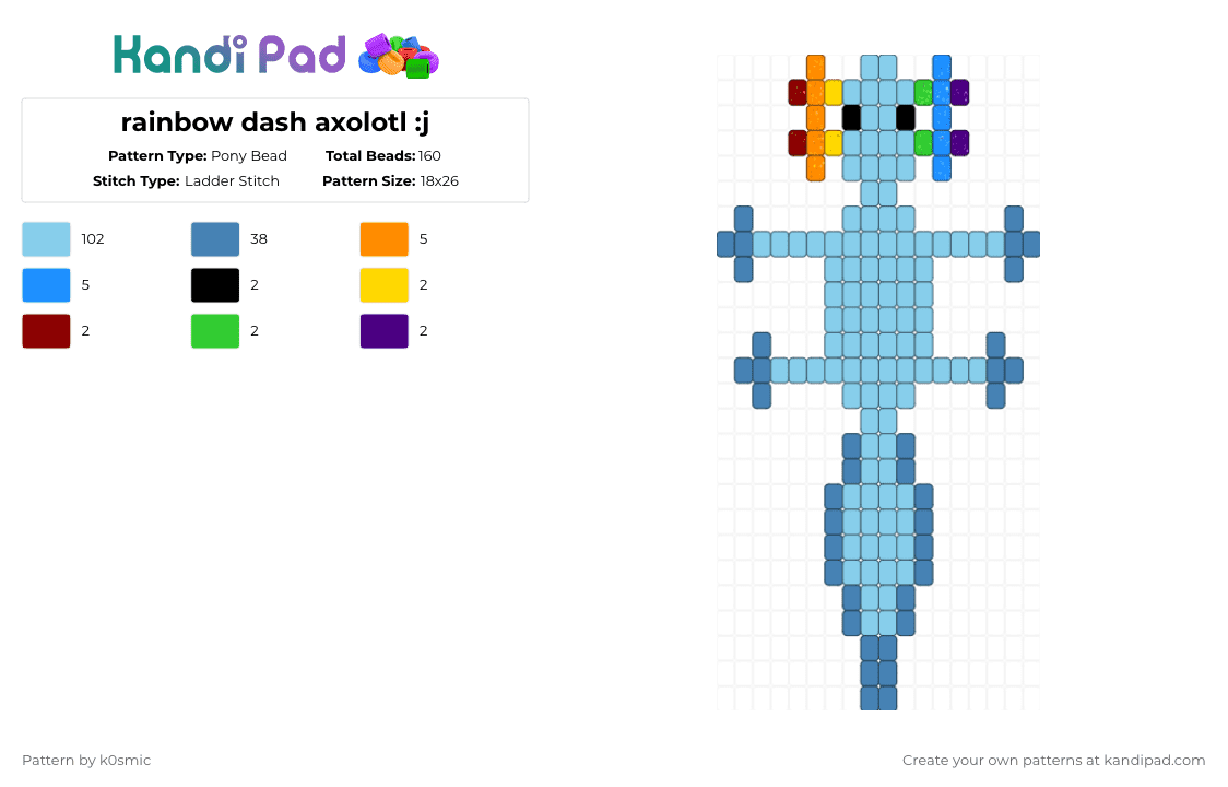 rainbow dash axolotl :j - Pony Bead Pattern by k0smic on Kandi Pad - light blue,blue,cotdaxolotls,rainbowdash,mlp,axolotl,silly,ladder stitch,ladder stitch animal