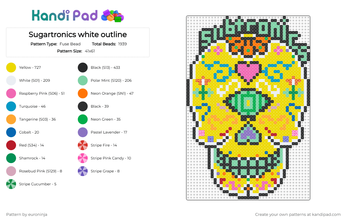 Sugartronics white outline - Fuse Bead Pattern by euroninja on Kandi Pad - subtronics,sugar skull,dj,music,exm,yellow,teal