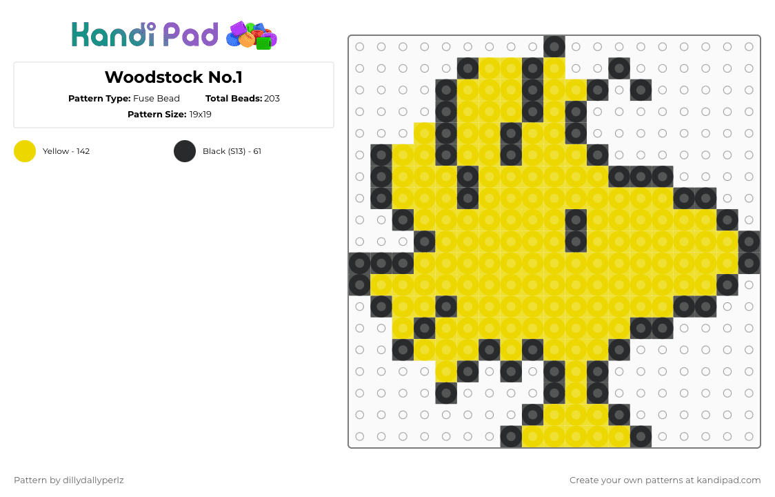 Woodstock No.1 - Fuse Bead Pattern by dillydallyperlz on Kandi Pad - woodstock,peanuts,snoopy,character,bird,animal,cartoon,black,yellow