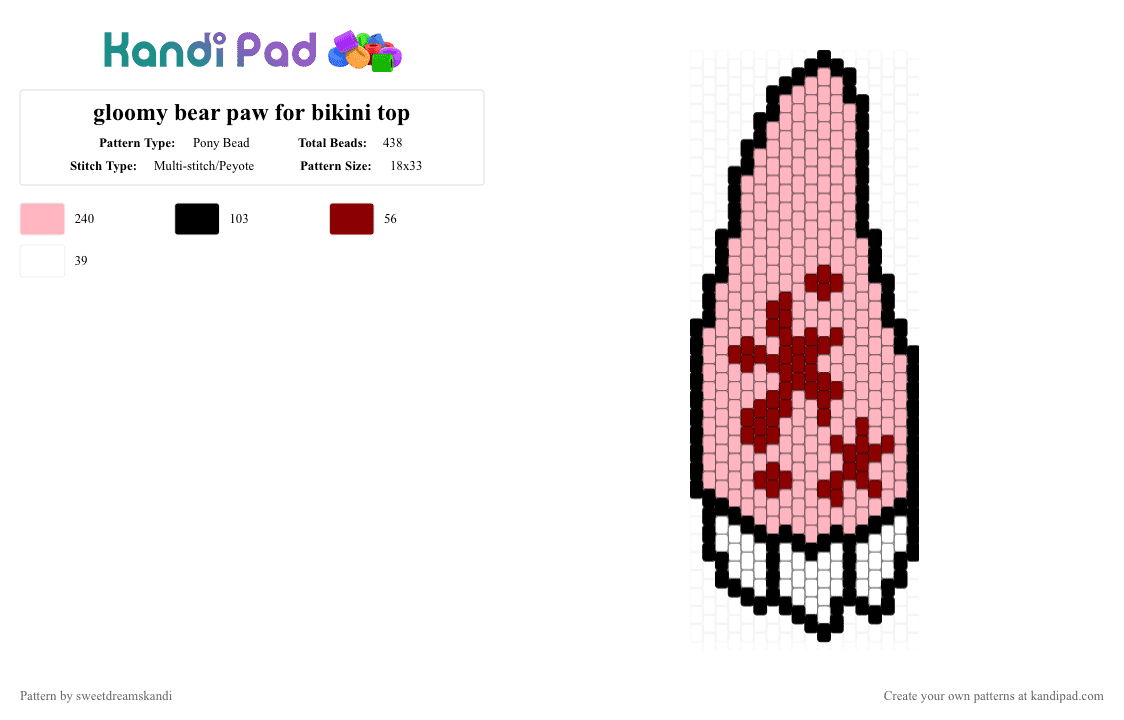 gloomy bear paw for bikini top - Pony Bead Pattern by sweetdreamskandi on Kandi Pad - pink
