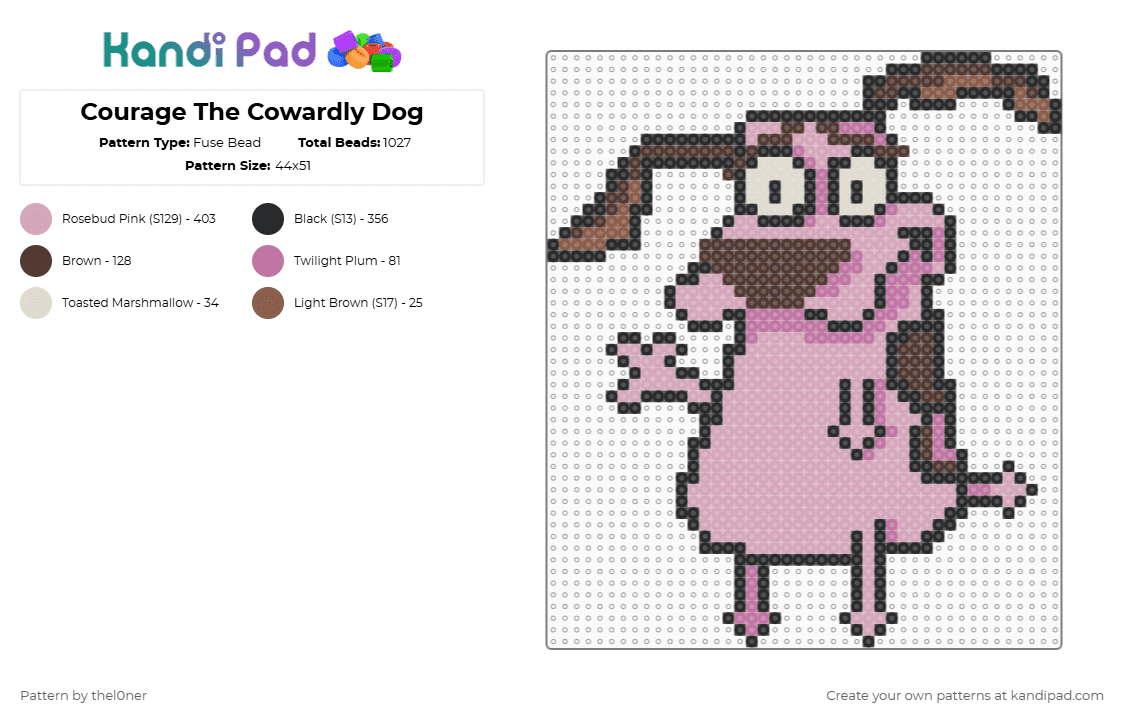 Courage The Cowardly Dog - Fuse Bead Pattern by thel0ner on Kandi Pad - courage the cowardly dog,character,cartoon,cartoon network,animal,dog,tv show,pink