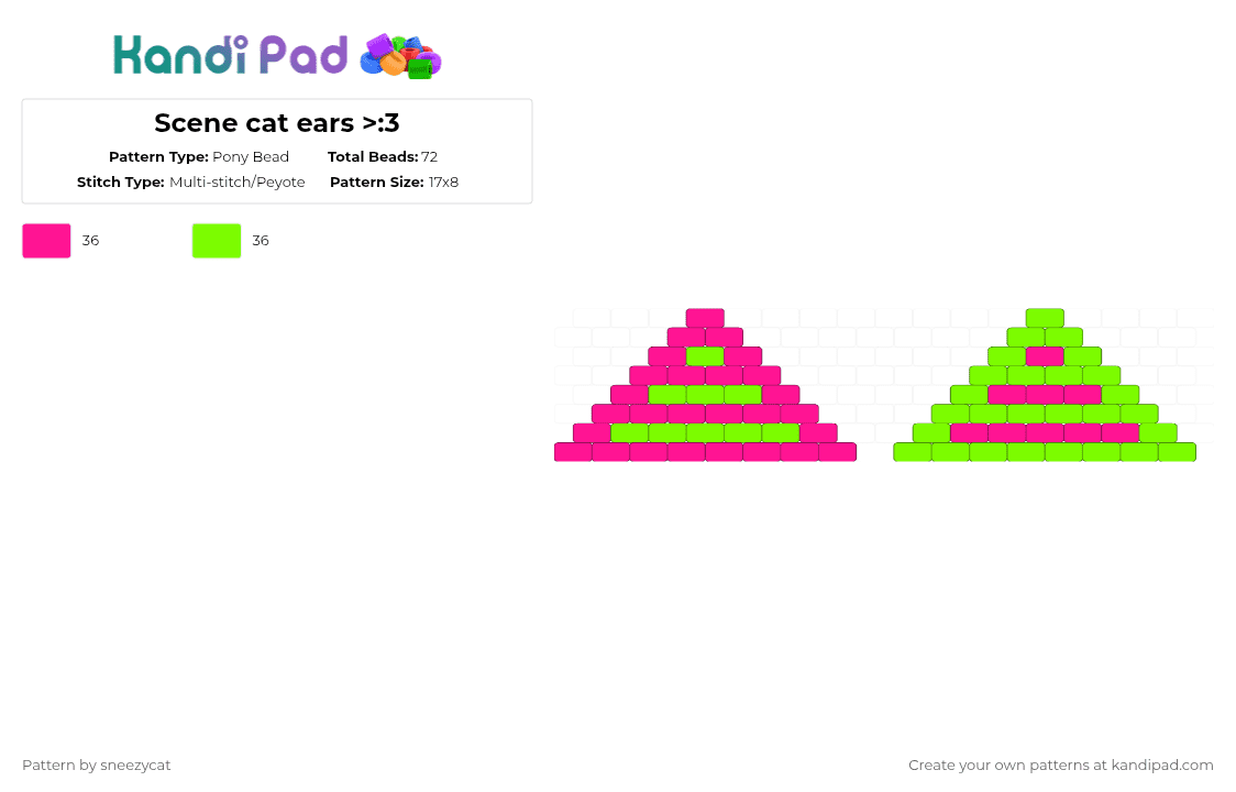 Scene cat ears >:3 - Pony Bead Pattern by sneezycat on Kandi Pad - pink,green