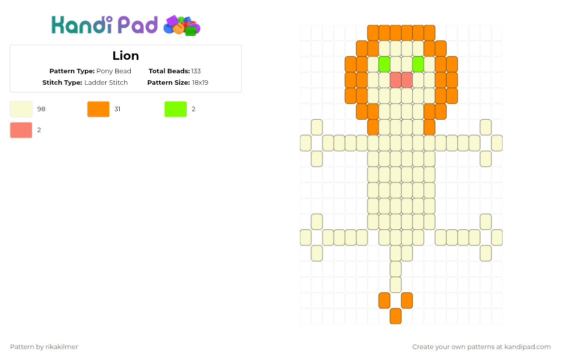 Lion - Pony Bead Pattern by rikakilmer on Kandi Pad - white,orange