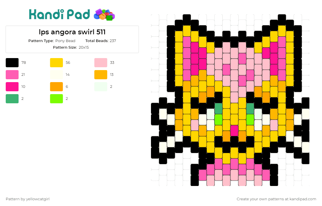 lps angora swirl 511 - Pony Bead Pattern by yellowcatgirl on Kandi Pad - littlest pet shop,angora,cat,toy,vibrant,cute,collector,pink,yellow