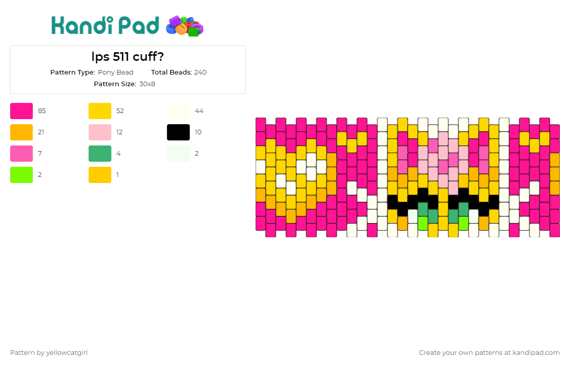 lps 511 cuff? - Pony Bead Pattern by yellowcatgirl on Kandi Pad - littlest pet shop,angora,cuff,playful,character,series,accessory,pink,yellow