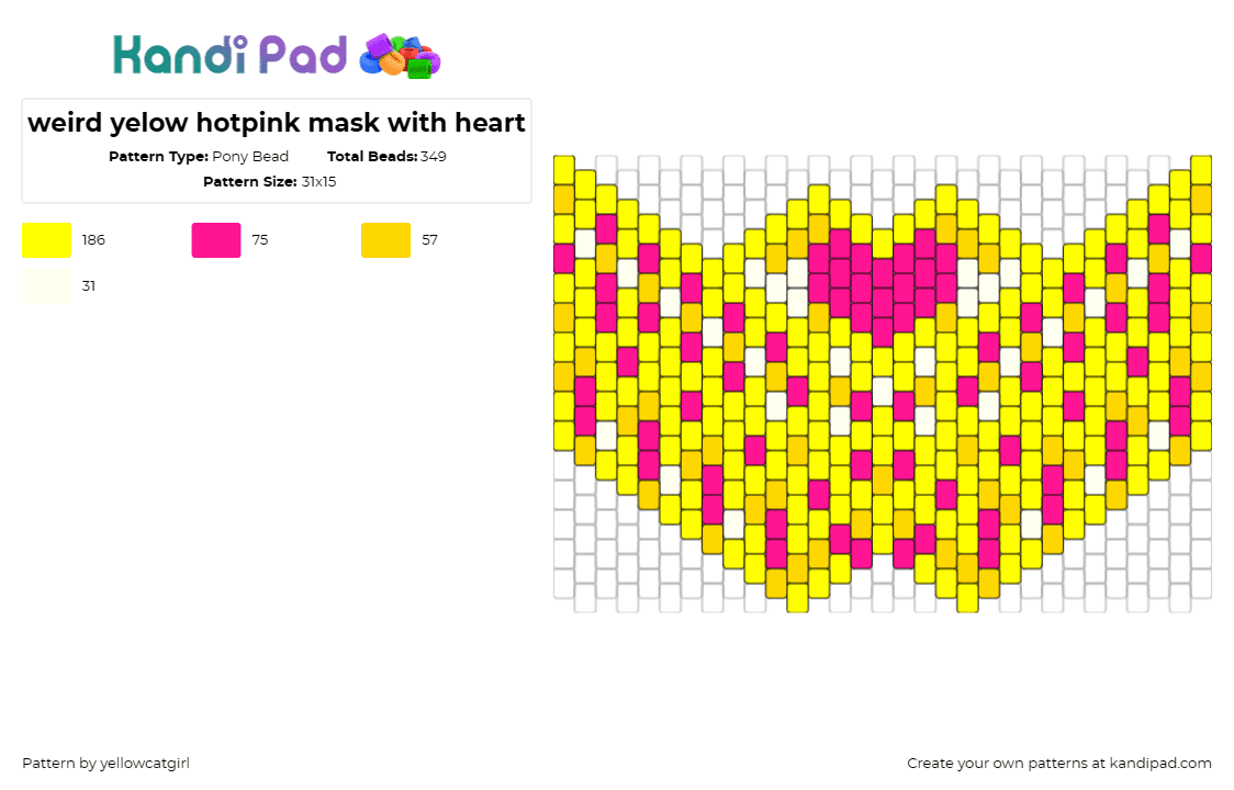 weird yelow hotpink mask with heart - Pony Bead Pattern by yellowcatgirl on Kandi Pad - colorful,mask,heart,lively,fusion,splash,affection,creations,pink,yellow