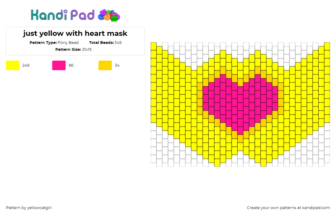 just yellow with heart mask - Pony Bead Pattern by yellowcatgirl on Kandi Pad - heart,mask,vibrant,bold,yellow,love,cheerfulness,art,expressive,yellow,pink