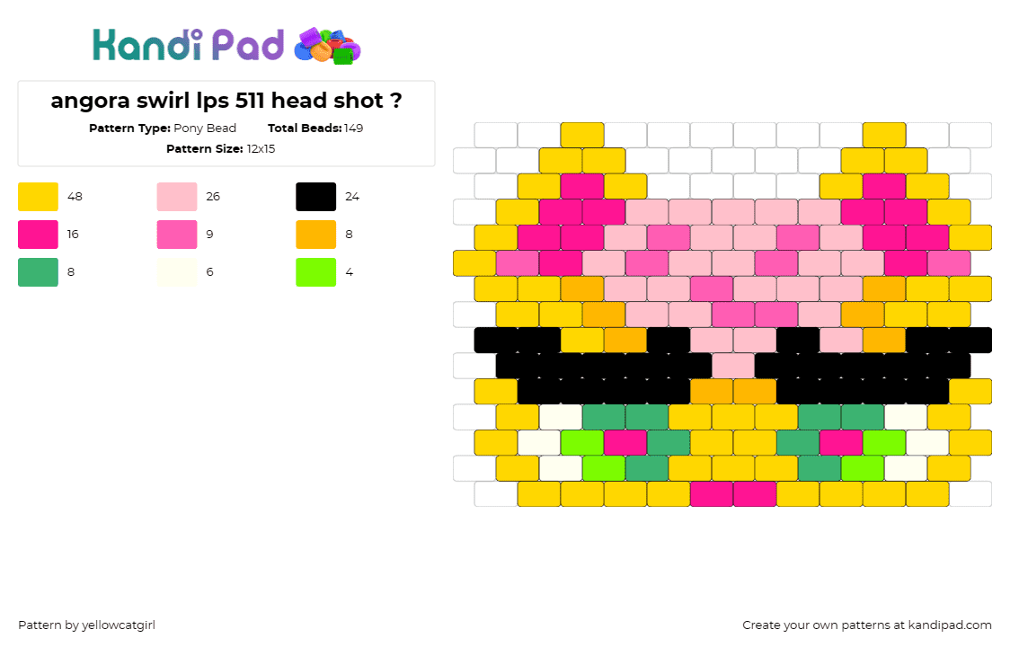 angora swirl lps 511 head shot ? - Pony Bead Pattern by yellowcatgirl on Kandi Pad - littlest pet shop,angora,cat,toy,franchise,head shot,colorful,pet,yellow