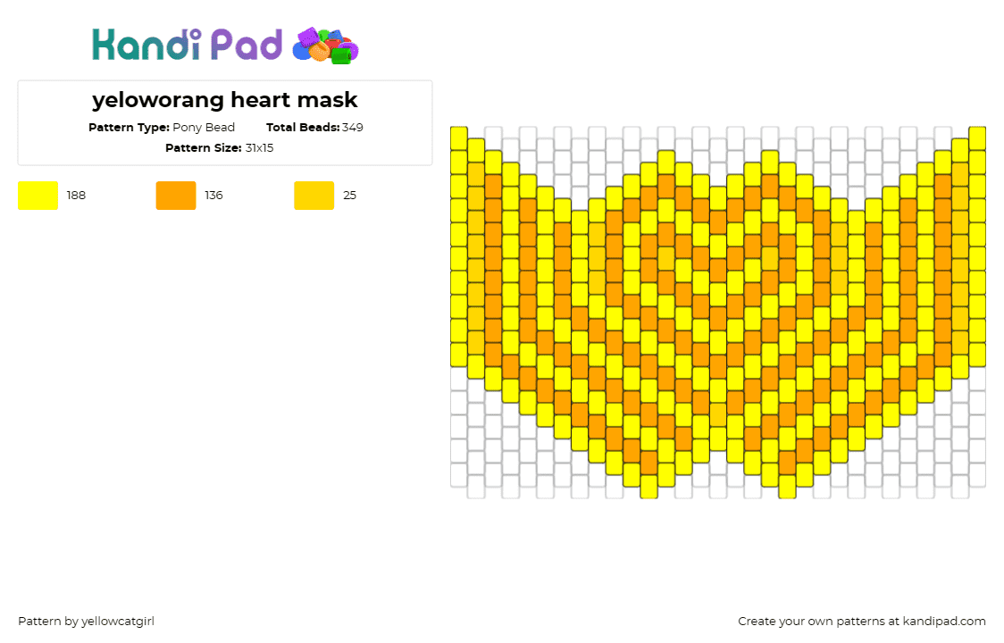 yeloworang heart mask - Pony Bead Pattern by yellowcatgirl on Kandi Pad - geometric,mask,heart,symmetrical,vibrant,warmth,yellow,orange