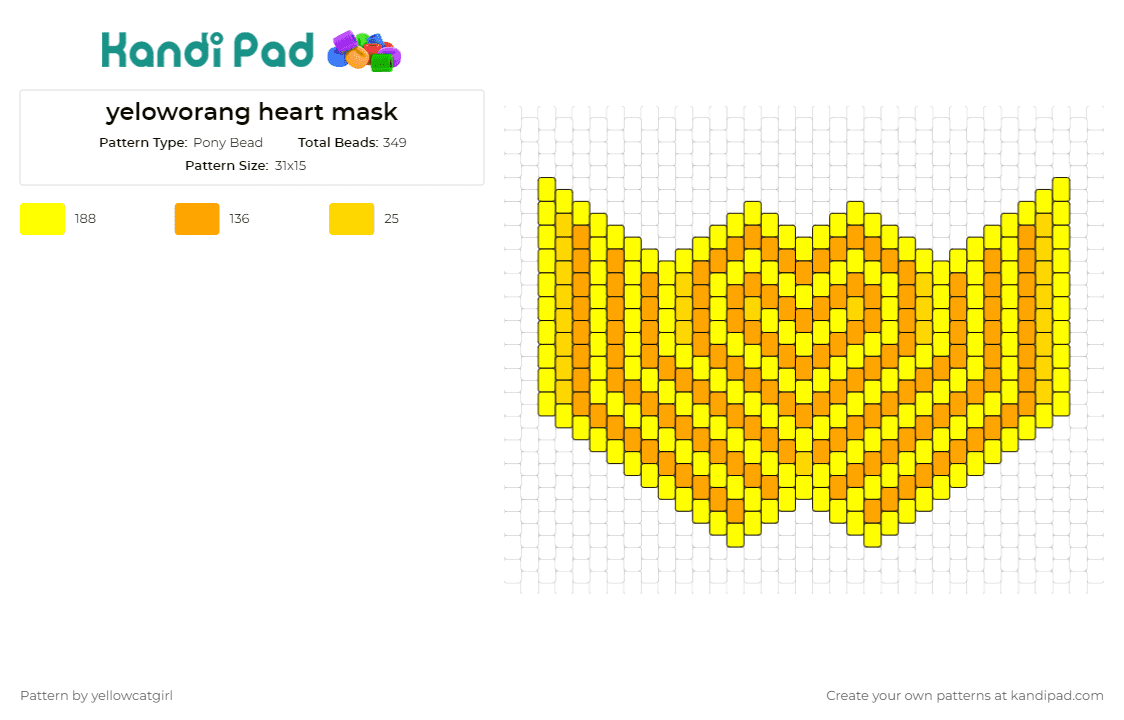 yeloworang heart mask - Pony Bead Pattern by yellowcatgirl on Kandi Pad - geometric,mask,heart,symmetrical,vibrant,accessory,warmth,yellow,orange