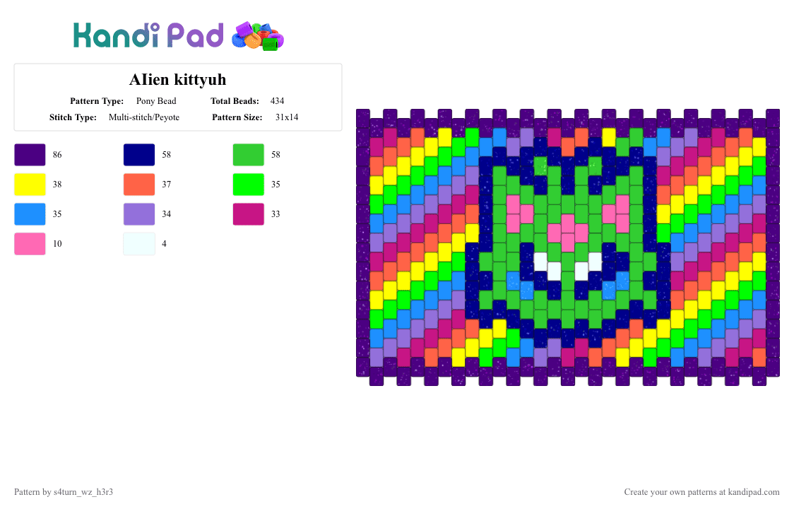 AIien kittyuh - Pony Bead Pattern by s4turn_wz_h3r3 on Kandi Pad - purple,green