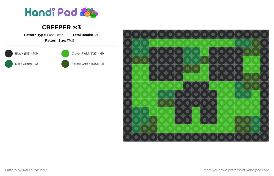 CREEPER >:3 - Fuse Bead Pattern by s4turn_wz_h3r3 on Kandi Pad - green