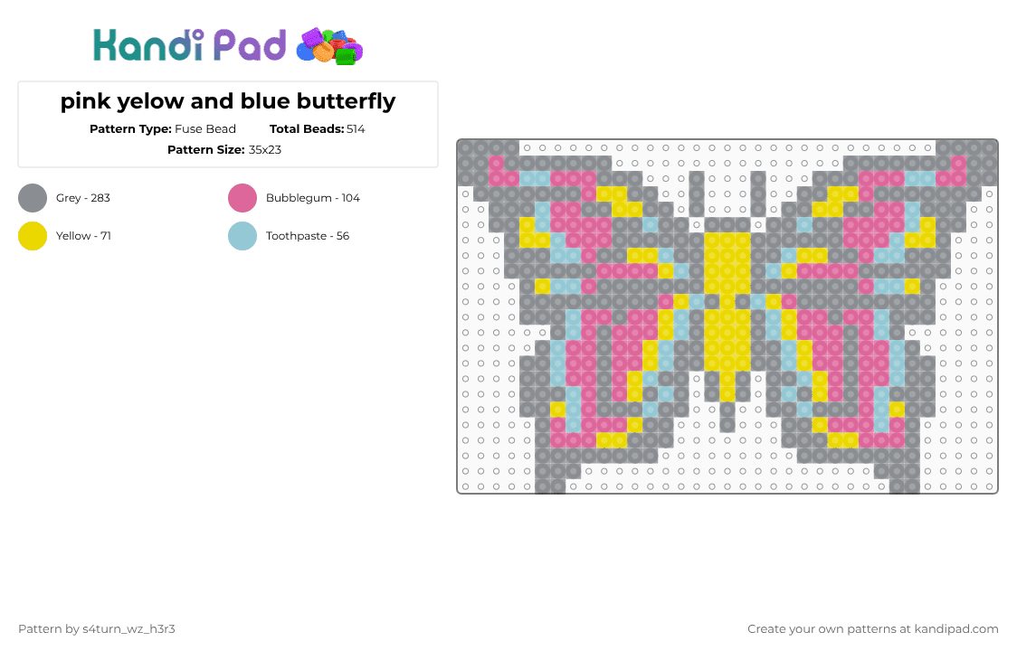 pink yelow and blue butterfly - Fuse Bead Pattern by s4turn_wz_h3r3 on Kandi Pad - gray