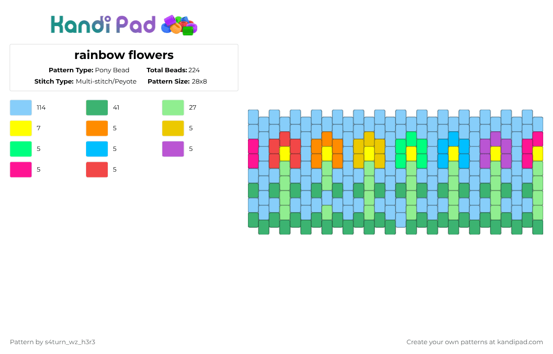 rainbow flowers - Pony Bead Pattern by s4turn_wz_h3r3 on Kandi Pad - green,light blue,teal,rainbow,colorful,nature,flowers,multi stich,cuff