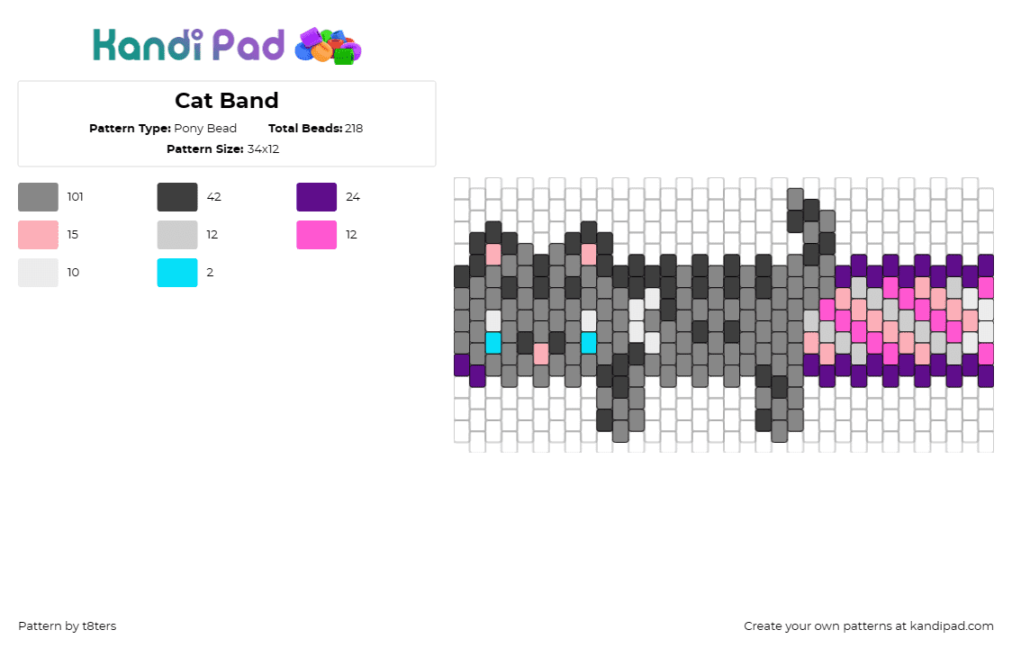 Cat Band - Pony Bead Pattern by t8ters on Kandi Pad - cat,kitten,animal,cute,cuff,pink,gray,purple