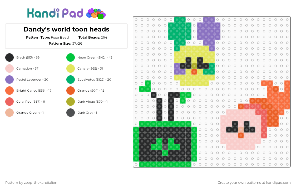Dandy\'s world toon heads - Fuse Bead Pattern by zeep_thekandialien on Kandi Pad - green,yellow,orange,beige,dandysworld,vee,shrimpo,looey,roblox,toons