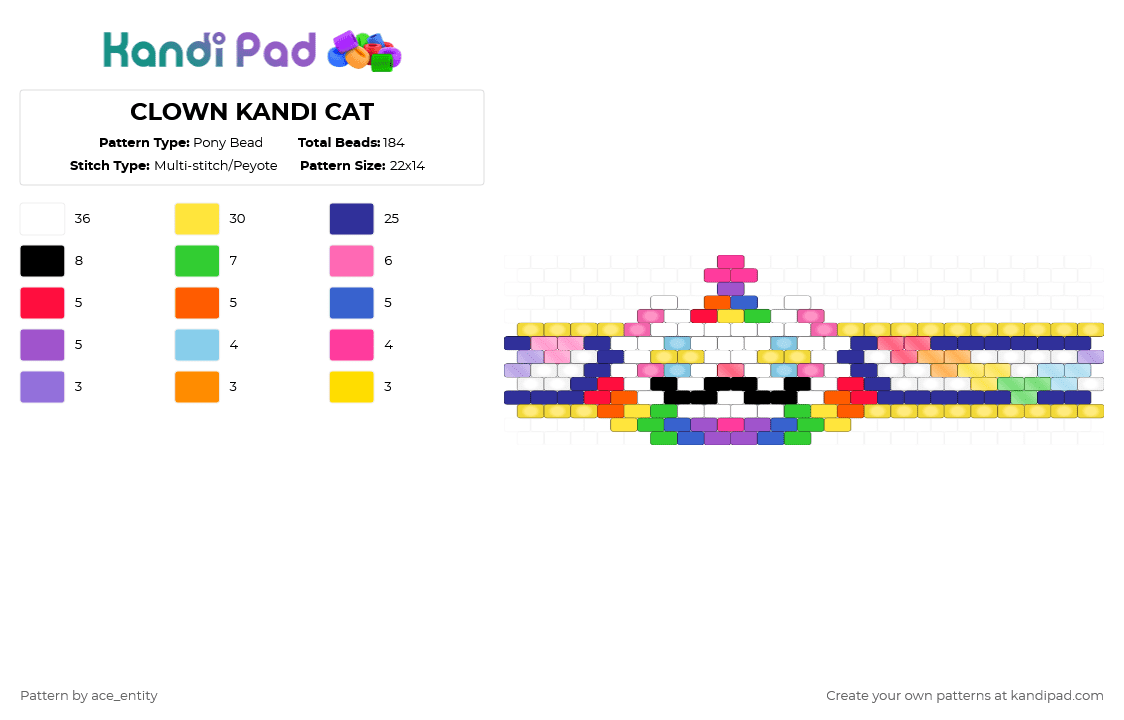 CLOWN KANDI CAT - Pony Bead Pattern by ace_entity on Kandi Pad - yellow,purple