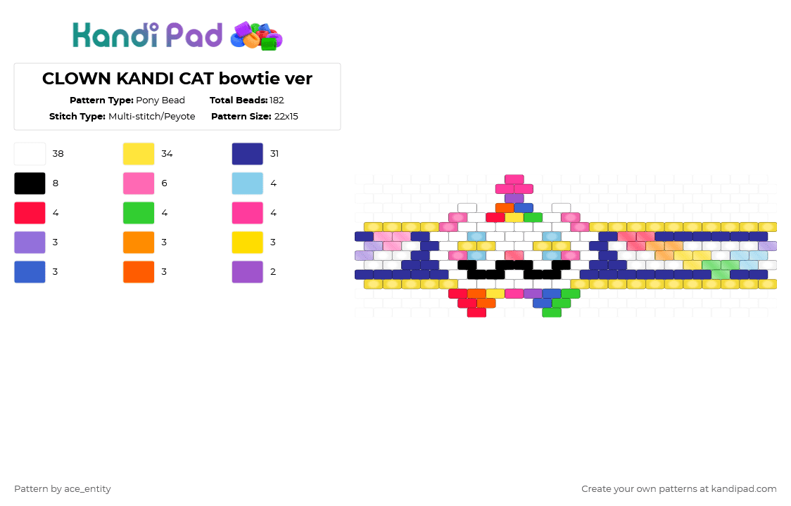 CLOWN KANDI CAT bowtie ver - Pony Bead Pattern by ace_entity on Kandi Pad - clown,cat,cuff,party,bowtie,animal,yellow,purple