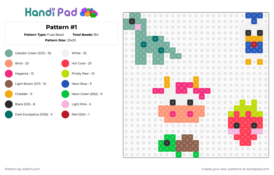 Pattern #1 - Fuse Bead Pattern by kidschurch on Kandi Pad - teal,orange,red,green