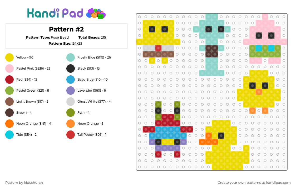 Pattern #2 - Fuse Bead Pattern by kidschurch on Kandi Pad - yellow,light blue,pink
