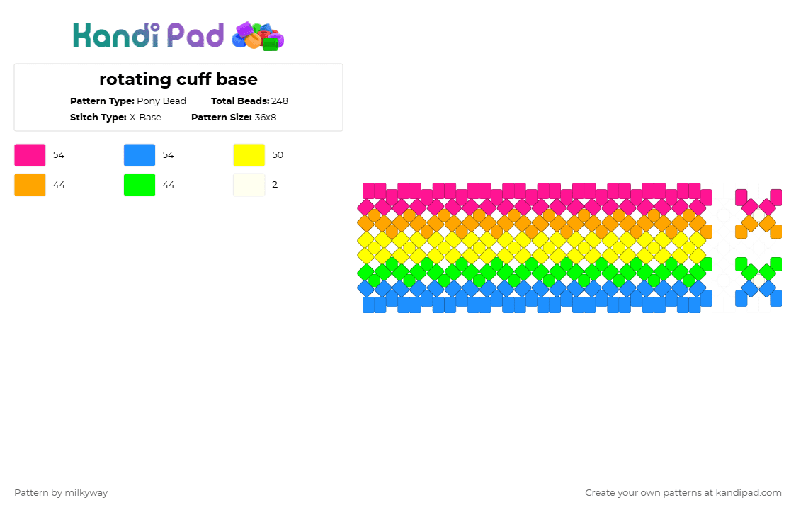 rotating cuff base (with bumpers) - Pony Bead Pattern by milkyway on Kandi Pad - pink,light blue,yellow,rainbow,rotating cuff