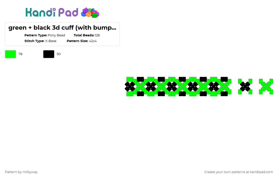 green + black 3d cuff (with bumpers) - Pony Bead Pattern by milkyway on Kandi Pad - green,black,x base,3d cuff