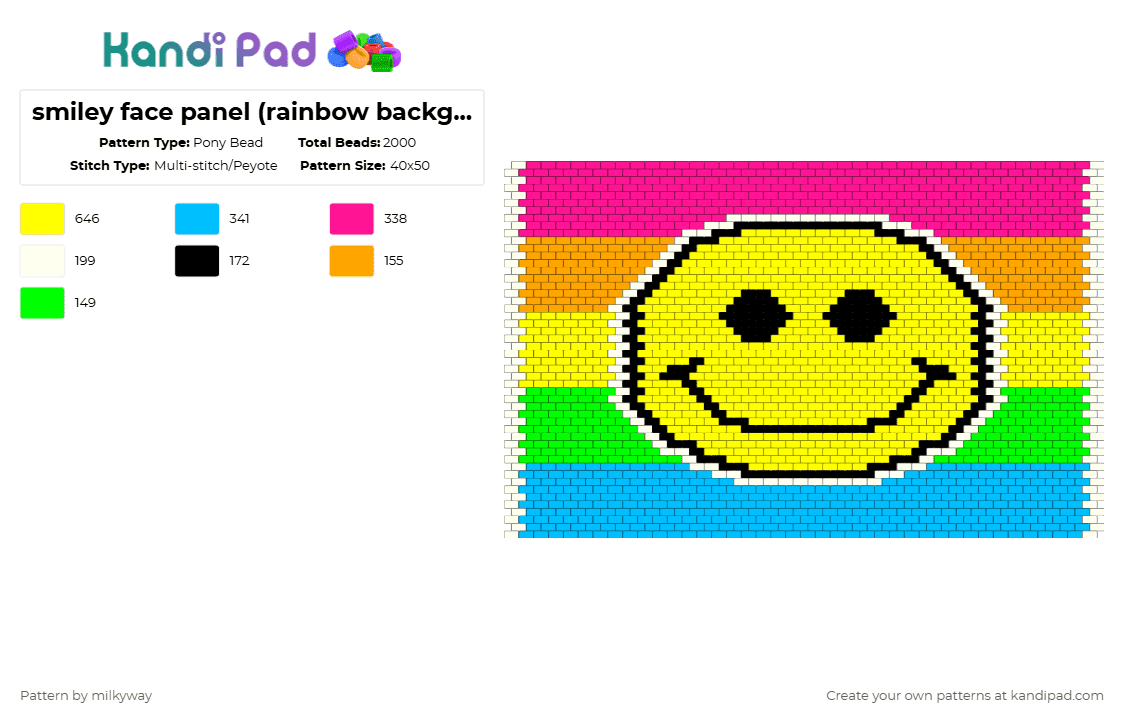 smiley face panel (rainbow background) - Pony Bead Pattern by milkyway on Kandi Pad - pink,yellow,light blue,smiley face,rainbow,panel