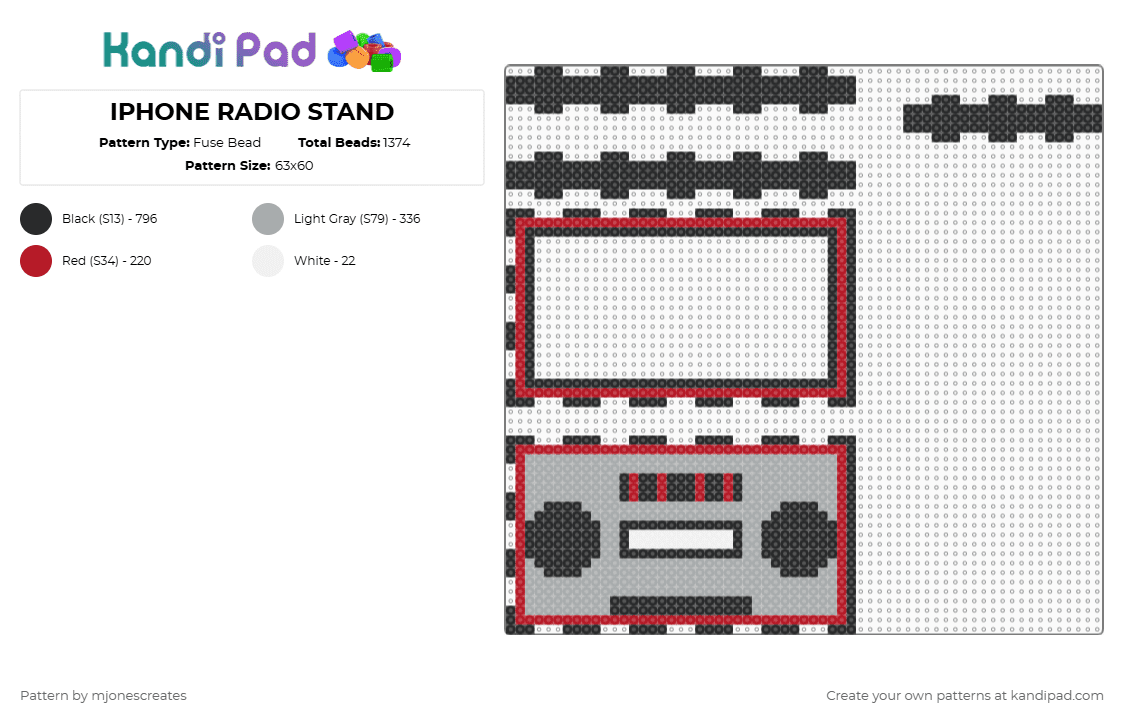 IPHONE RADIO STAND - Fuse Bead Pattern by mjonescreates on Kandi Pad - black,red,gray