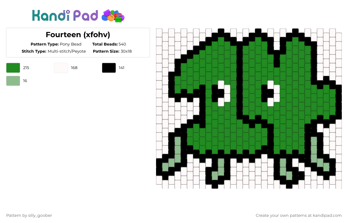 Fourteen (xfohv) - Pony Bead Pattern by silly_goober on Kandi Pad - green,bfdi,xfohv,tpot,object show