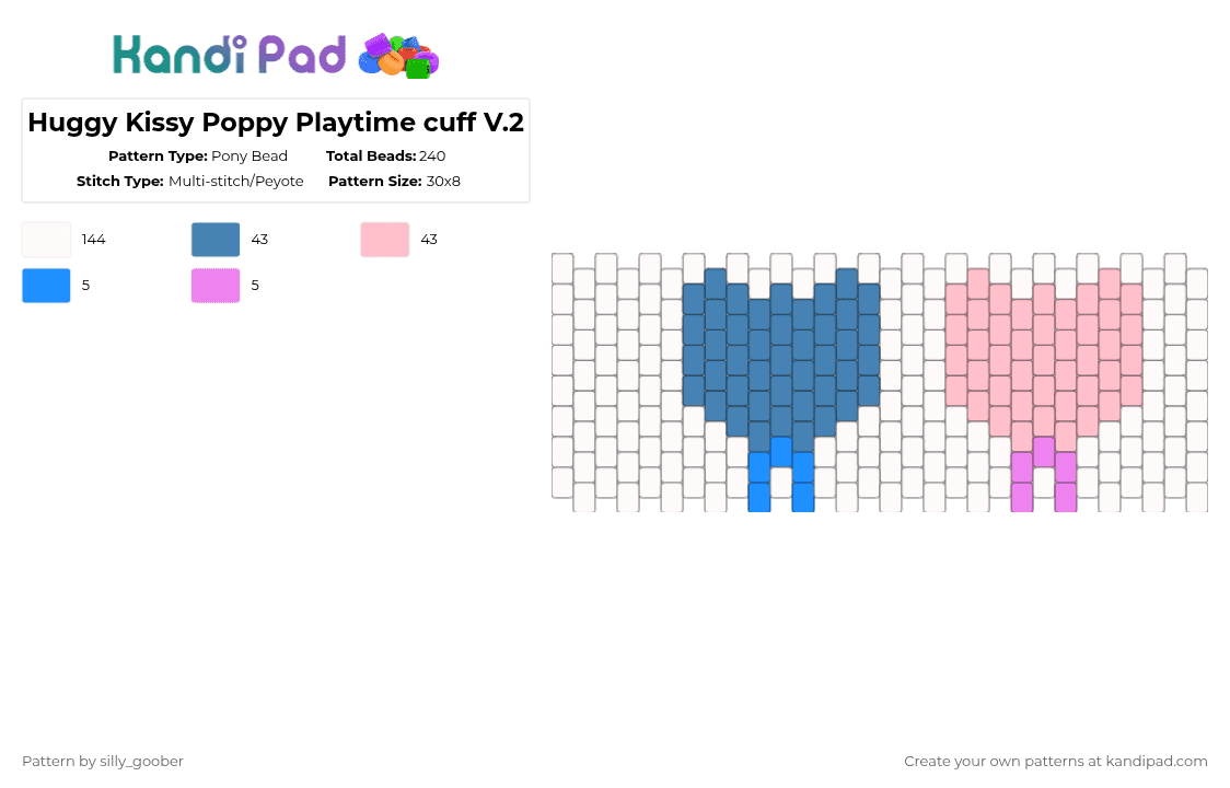 Huggy Kissy Poppy Playtime cuff V.2 - Pony Bead Pattern by silly_goober on Kandi Pad - white,blue,pink,poppy playtime,game,huggy wuggy,kissy missy,mascot horror