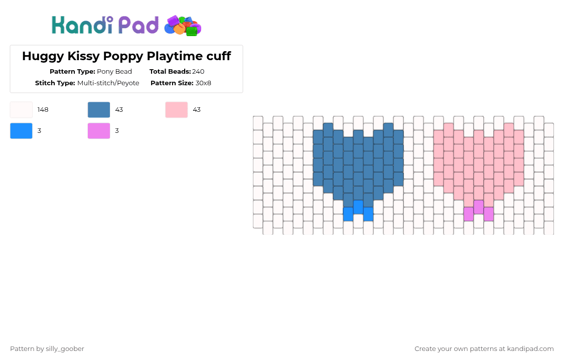Huggy Kissy Poppy Playtime cuff - Pony Bead Pattern by silly_goober on Kandi Pad - white,blue,pink,poppy playtime,game,huggy wuggy,kissy missy,mascot horror
