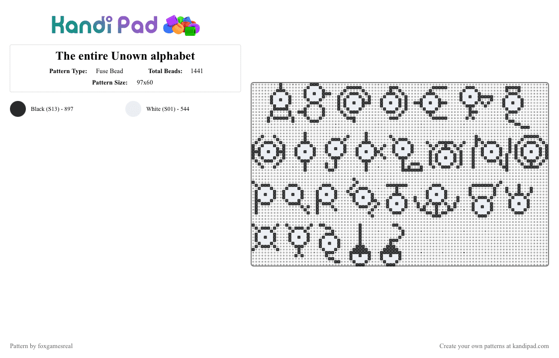 The entire Unown alphabet - Fuse Bead Pattern by foxgamesreal on Kandi Pad - alphabet, black, charm, fuse beads, mini fuse beads, pokemon, unown, white