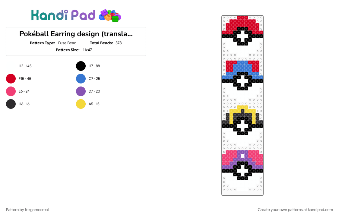Pokéball Earring design (translated to MARD) - Fuse Bead Pattern by foxgamesreal on Kandi Pad - blue, earrings, fuse beads, great ball, master ball, mini fuse beads, pink, pokeball, pokemon, red, ultra ball, white