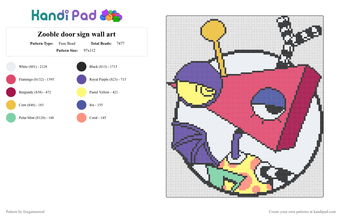 Zooble door sign wall art - Fuse Bead Pattern by foxgamesreal on Kandi Pad - purple,red,yellow,zooble,tadc,the amazing digital circus,rainbow,sign,wall art,fuse beads,mini fuse beads