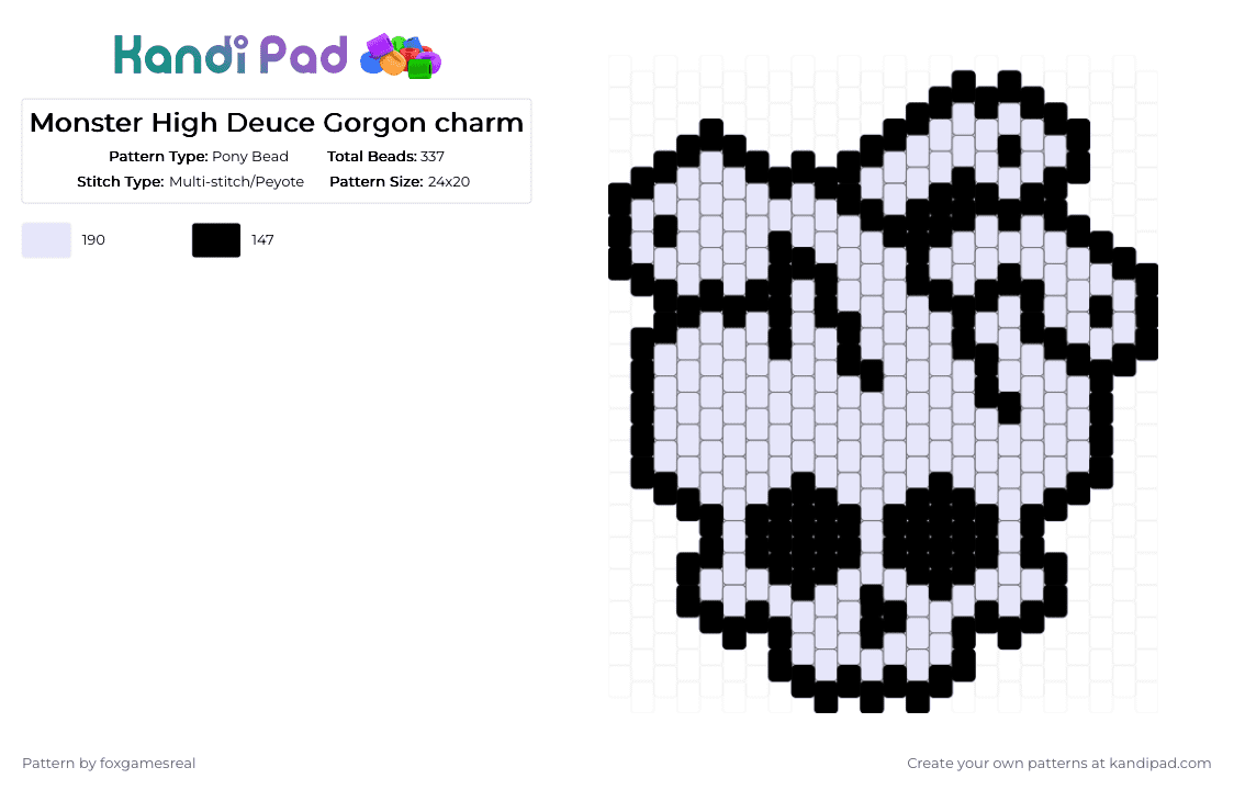 Monster High Deuce Gorgon charm - Pony Bead Pattern by foxgamesreal on Kandi Pad - black,white,monster high,deuce gorgon,skull,snakes,snake,charm