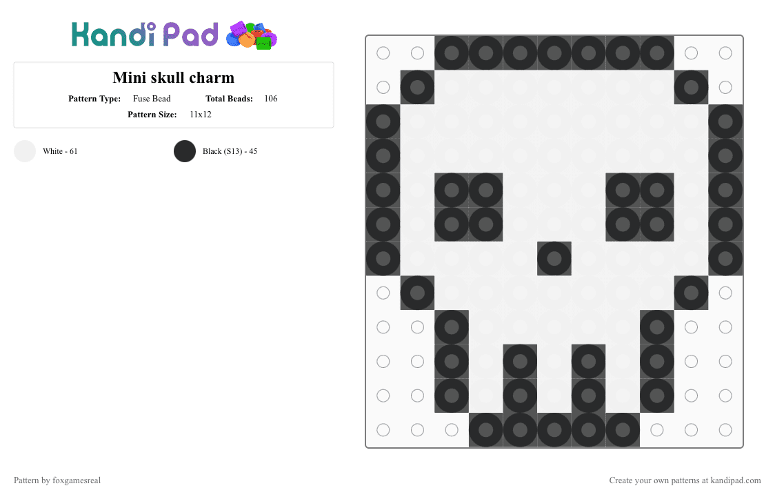 Mini skull charm - Fuse Bead Pattern by foxgamesreal on Kandi Pad - black,white,skull,skeleton,fuse beads,mini fuse beads
