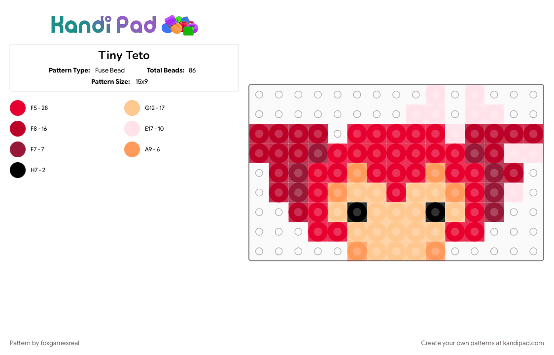 Tiny Teto - Fuse Bead Pattern by foxgamesreal on Kandi Pad - character, charm, kasane teto, mini fuse beads, red, teto, utau, utauloid, vocal synth