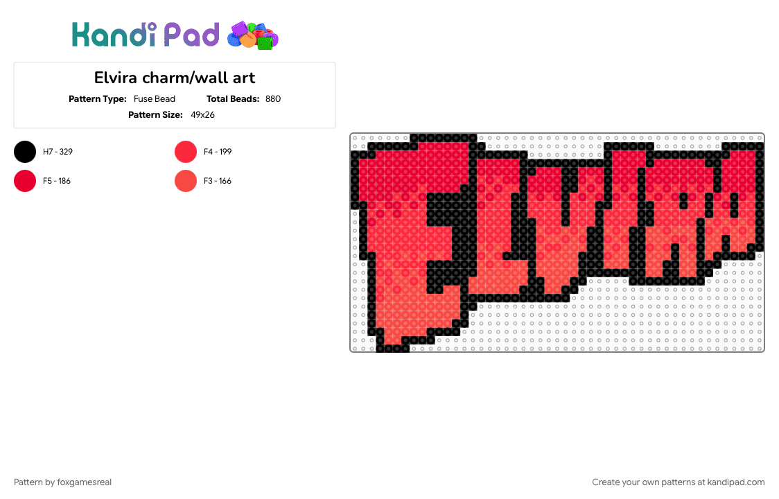 Elvira charm/wall art - Fuse Bead Pattern by foxgamesreal on Kandi Pad - black, charm, elvira, fuse beads, mini fuse beads, mistress of the dark, red, wall art