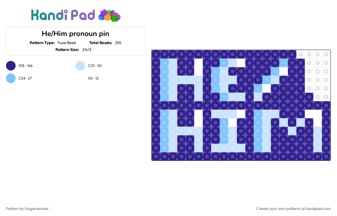 He/Him pronoun pin - Fuse Bead Pattern by foxgamesreal on Kandi Pad - blue, fuse beads, keychain, mini fuse beads, pin, pride, pronouns, purple, small