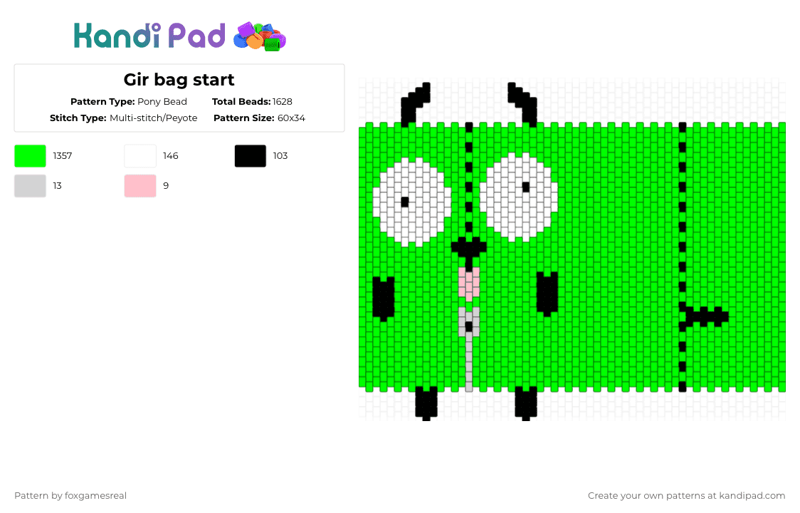 Gir bag start - Pony Bead Pattern by foxgamesreal on Kandi Pad - green,invader zim,gir,multistitch,bag,kandi bag