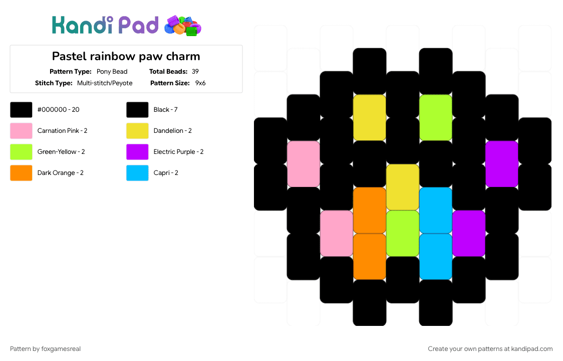 Pastel rainbow paw charm - Pony Bead Pattern by foxgamesreal on Kandi Pad - black, charm, colorful, light blue, multistitch, pastel, paw, paw print, peyote stitch, purple, rainbow, small, yellow