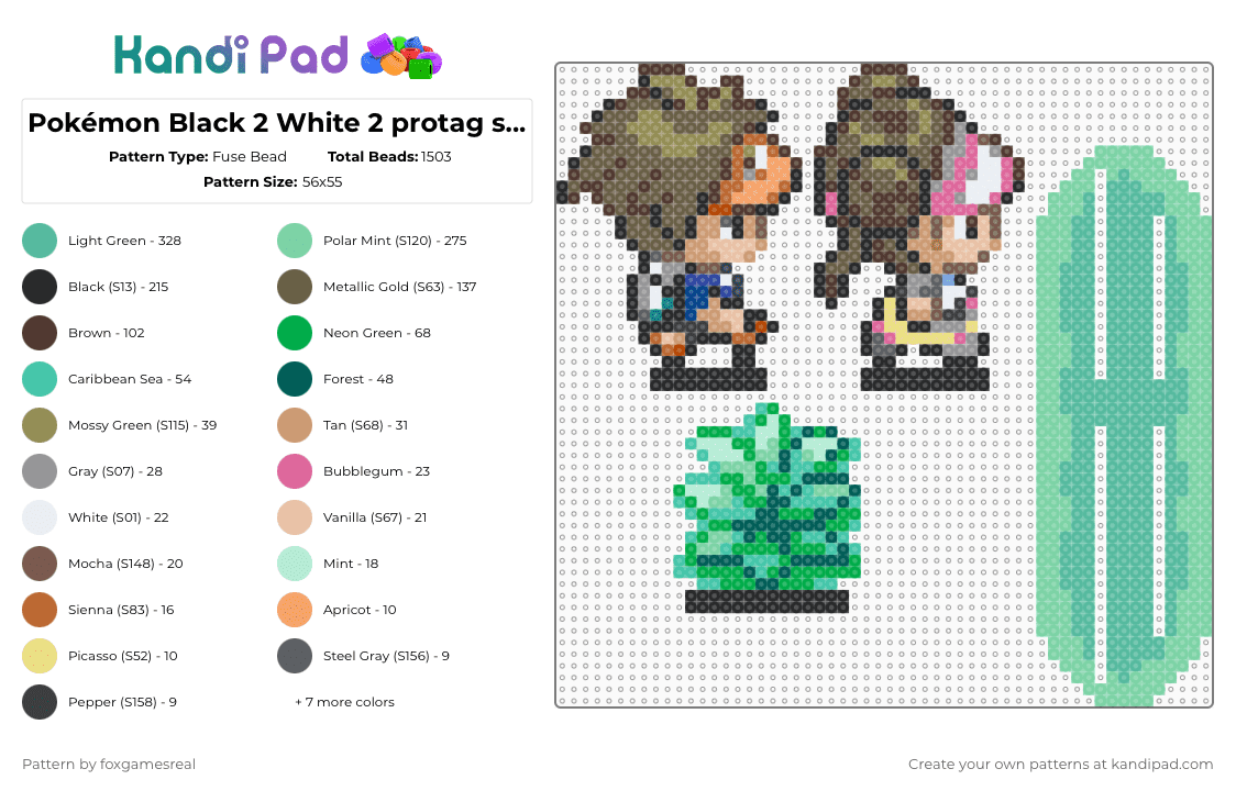Pokémon Black 2/White 2 protag standee - Fuse Bead Pattern by foxgamesreal on Kandi Pad - brown,tan,gray,teal,pokemon,pokemon trainer,standee,fuse beads,perler,mini fuse beads,large,assembly required