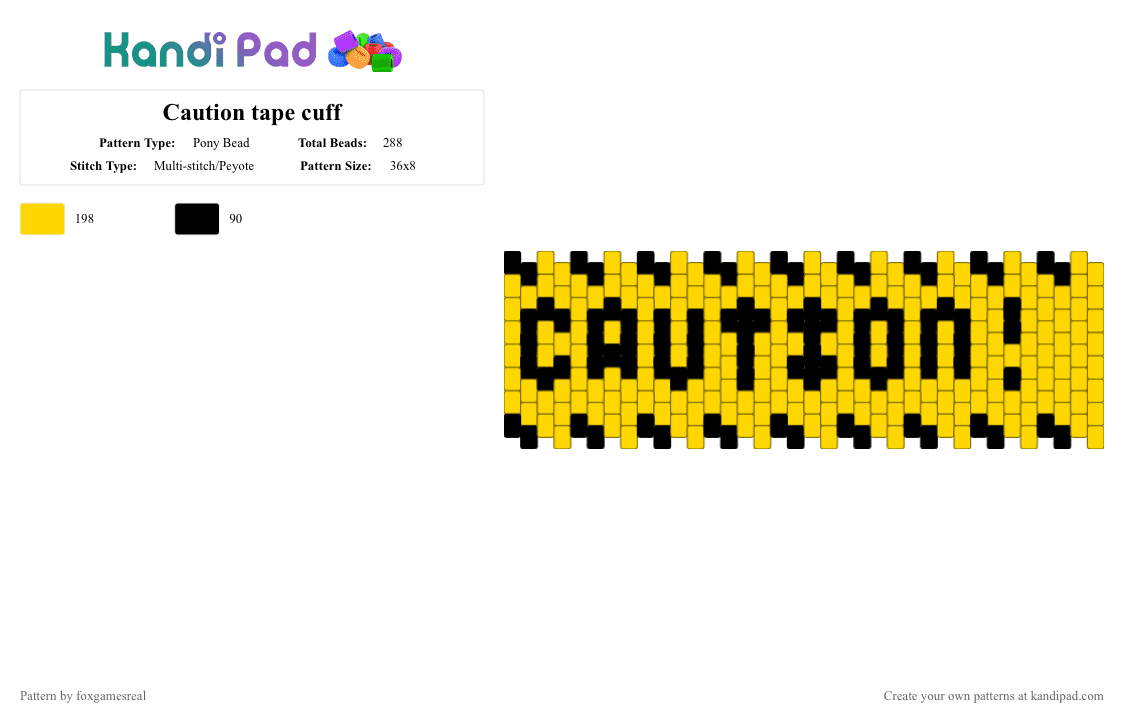 Caution tape cuff - Pony Bead Pattern by foxgamesreal on Kandi Pad - yellow,black,caution tape,multistitch,cuff,ebaycarson,inspired